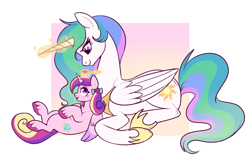 Size: 1069x691 | Tagged: safe, artist:lulubell, derpibooru import, princess cadance, princess celestia, alicorn, pony, aunt and niece, brushing mane, cute, cutedance, cutelestia, female, magic, magic glow, mare, redraw, teen princess cadance, teenager, telekinesis, younger