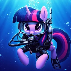 Size: 1024x1024 | Tagged: safe, ai content, derpibooru import, generator:bing image creator, generator:dall-e 3, machine learning generated, twilight sparkle, unicorn, bubble, crepuscular rays, dive mask, female, flippers (gear), flowing mane, flowing tail, goggles, horn, looking at you, mare, ocean, oxygen tank, prompter:sonicstreak5344, purple eyes, scuba diving, scuba gear, sunlight, swimming, tail, underwater, water