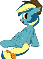 Size: 721x994 | Tagged: safe, artist:hazaplan, derpibooru import, ponerpics import, oc, oc only, oc:dusty feather, pegasus, aggie.io, bow, female, freckles, happy, hat, lying down, mare, rear view, simple background, sketch, solo, tail, tail bow, white background