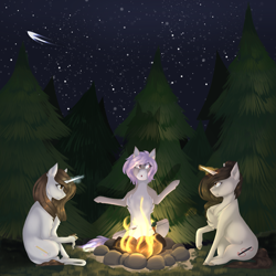 Size: 2449x2449 | Tagged: safe, artist:pixelberrry, derpibooru import, oc, oc only, earth pony, pony, unicorn, belly, campfire, countershading, female, horn, magic, mare, night, sitting, tree, trio