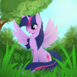 Size: 1800x1800 | Tagged: safe, artist:posionjoke, derpibooru import, twilight sparkle, twilight sparkle (alicorn), alicorn, pony, g4, :p, blushing, cute, eye clipping through hair, female, grass, horn, mare, nature, one eye closed, outdoors, silly, silly pony, sitting, solo, spread wings, tail, tongue, tongue out, tree, twiabetes, wings