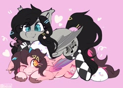 Size: 2100x1500 | Tagged: safe, artist:cuiicie, derpibooru import, oc, oc only, oc:boggy, oc:key mash, bat pony, ahoge, clothes, duo, duo female, female, glomp, hairclip, one eye closed, socks, thigh highs, unshorn fetlocks