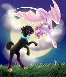 Size: 1200x1400 | Tagged: safe, artist:coyhund, derpibooru import, oc, oc only, bat pony, angry, duo, grass, moon, night, open mouth