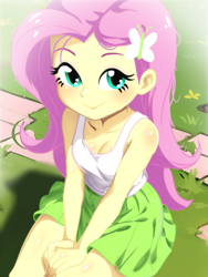 Size: 1536x2048 | Tagged: safe, artist:maxtoon24, derpibooru import, fluttershy, human, equestria girls, g4, boots, breasts, cleavage, clothes, cute, female, high heel boots, looking at you, shirt, shoes, shyabetes, skirt, smiling, smiling at you, socks, solo