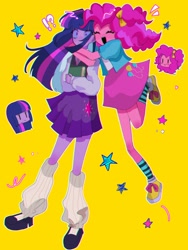 Size: 1536x2048 | Tagged: safe, artist:m09160, derpibooru import, pinkie pie, twilight sparkle, equestria girls, g4, book, clothes, female, hug, hug from behind, leg warmers, lesbian, shipping, simple background, surprise hug, surprised, twinkie, yellow background