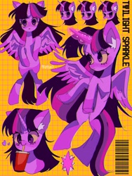 Size: 1536x2048 | Tagged: safe, artist:m09160, derpibooru import, twilight sparkle, twilight sparkle (alicorn), alicorn, g4, barcode, drink, ear fluff, ears, grid, magic, simple background, solo, yellow background