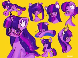 Size: 2048x1536 | Tagged: safe, artist:m09160, derpibooru import, twilight sparkle, pony, g4, ear fluff, ears, glasses, hair bun, jewelry, pigtails, simple background, tiara, twintails, yellow background