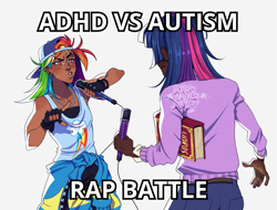 Size: 2048x1556 | Tagged: safe, artist:marshiroart, derpibooru import, rainbow dash, twilight sparkle, human, g4, backwards ballcap, baseball cap, book, cap, clothes, dark skin, duo, duo female, female, fingerless gloves, gloves, hat, humanized, microphone, rap battle, simple background, text, white background