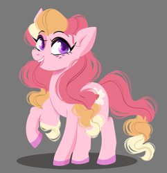 Size: 2890x3000 | Tagged: safe, artist:cartoonssams, derpibooru import, oc, oc only, oc:honeycrisp blossom, earth pony, pony, female, filly, foal, freckles, gray background, offspring, open mouth, open smile, parent:big macintosh, parent:princess cadance, parents:cadmac, raised hoof, raised leg, simple background, smiling, solo