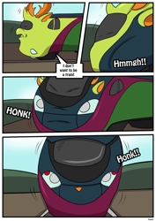 Size: 1614x2283 | Tagged: safe, artist:rex-equinox, derpibooru import, part of a set, thorax, changeling, comic:thorax's shocking express, g4, comic, commission, inanimate tf, locomotive, story included, train, train pony, trainified, transformation, vehicle