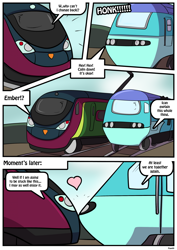 Size: 1614x2283 | Tagged: safe, artist:rex-equinox, derpibooru import, part of a set, princess ember, thorax, changeling, comic:thorax's shocking express, g4, comic, commission, heart, implied shipping, inanimate tf, locomotive, story included, train, train pony, trainified, transformation, vehicle