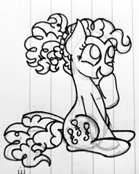 Size: 820x1024 | Tagged: safe, artist:raypanda, derpibooru import, pinkie pie, earth pony, pony, g4, female, lined paper, monochrome, ponytail, sitting, sketch, smiling, solo, traditional art