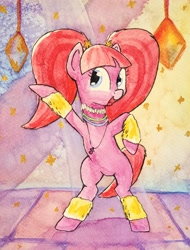 Size: 2000x2633 | Tagged: safe, artist:chevaleto, derpibooru exclusive, derpibooru import, pacific glow, earth pony, pony, g4, accessory, bipedal, clothes, dancing, female, glow rings, glowstick, high res, jewelry, leg warmers, mare, necklace, open mouth, pacifier, pigtails, smiling, solo, traditional art, watercolor painting