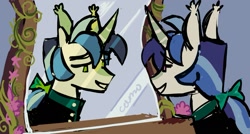 Size: 1257x675 | Tagged: safe, artist:camo_ty, derpibooru import, queen chrysalis, shining armor, unicorn, a canterlot wedding, g4, alternate color palette, alternate design, alternate eye color, alternate hairstyle, blaze (coat marking), bow, bowtie, clothes, coat markings, colored horn, disguise, disguised changeling, duality, ear tufts, facial markings, flower, formal wear, hair bow, horn, looking at self, male, mirror, pink eyes, ponytail, redesign, role reversal, signature, smiling, solo, stallion, tied mane, tuxedo, vine, white coat
