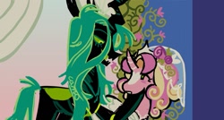 Size: 1257x675 | Tagged: safe, artist:camo_ty, derpibooru import, princess cadance, queen chrysalis, alicorn, changeling, changeling queen, pony, a canterlot wedding, g4, alternate color palette, alternate design, alternate eye color, alternate mane color, big ears, black coat, blaze (coat marking), blush scribble, blushing, carapace, clothes, coat markings, colored eyebrows, colored mouth, colored sclera, colored tongue, crown, curved horn, dress, duo, duo female, ears, eyelashes, facial markings, fangs, female, flower, frown, green eyes, green mane, green sclera, green tail, green tongue, heart, heart mark, height difference, hoof under chin, horn, infidelity, jewelry, large horn, lesbian, long mane, long tail, looking at each other, looking at someone, looking down, looking up, mare, messy mane, messy tail, multicolored mane, open mouth, open smile, pink coat, profile, redesign, regalia, role reversal, sharp teeth, ship:cadalis, shipping, signature, smiling, striped horn, tail, teeth, tiara, veil, wall of tags, wavy mane, wedding dress, wedding veil