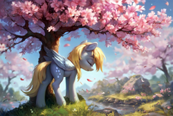 Size: 1152x768 | Tagged: safe, ai content, derpibooru import, generator:pony diffusion v6 xl, generator:stable diffusion, machine learning generated, derpy hooves, pegasus, pony, g4, bubble butt, butt, cherry, cherry blossoms, eyes closed, flower, flower blossom, full body, outdoors, petals, plot, prompter:foxpony, river, smiling, solo, tree, under the tree, water