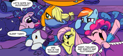 Size: 825x376 | Tagged: safe, artist:amy mebberson, derpibooru import, idw, applejack, fluttershy, pinkie pie, rainbow dash, rarity, twilight sparkle, twilight sparkle (alicorn), alicorn, earth pony, pegasus, pony, unicorn, g4, dialogue, horn, mane six