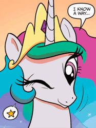 Size: 323x432 | Tagged: safe, artist:amy mebberson, derpibooru import, idw, princess celestia, alicorn, pony, g4, dialogue, one eye closed, speech bubble, wink