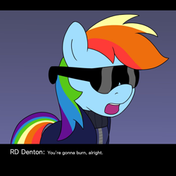 Size: 1000x1000 | Tagged: safe, artist:unitxxvii, derpibooru import, rainbow dash, pegasus, pony, g4, deus ex, female, gradient background, solo, sunglasses