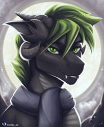 Size: 1694x2079 | Tagged: safe, artist:motley_ad, derpibooru import, oc, bust, clothes, fangs, horns, hybrid oc, male, moon, portrait, scarf, solo, stallion