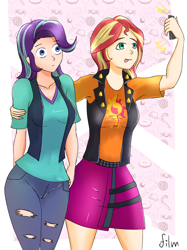 Size: 2666x3570 | Tagged: safe, alternate version, artist:film77asq, derpibooru import, starlight glimmer, sunset shimmer, human, g4, clothes, duo, female, human coloration, phone, selfie, thousand yard stare, tongue, tongue out