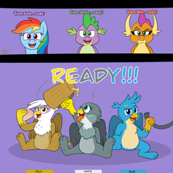 Size: 3000x3000 | Tagged: safe, artist:rupert, derpibooru import, gabby, gallus, gilda, rainbow dash, smolder, spike, dragon, griffon, pegasus, pony, series:catbird 3's colossal squish program, g4, belly, cider, cup, determined look, donut, dragoness, female, food, hose, imminent weight gain, incentive drive, it begins, male, open mouth, pale belly, paws, sitting, smiling, teams, this will end in weight gain