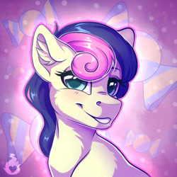 Size: 600x600 | Tagged: safe, artist:serenity, derpibooru import, bon bon, sweetie drops, earth pony, pony, g4, background pony, bust, ear fluff, ears, fluffy, glowing, looking at you, portrait, shiny mane, simple background, smiling, smiling at you, wingding eyes