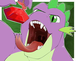 Size: 2134x1726 | Tagged: safe, artist:giantboonehusky, derpibooru import, part of a set, spike, oc, dragon, pony, unicorn, gem, glasses, horn, implied vore, macro/micro, male, mawshot, older, older spike, open mouth, open smile, ponytail, predator, prey, smiling, stallion, this will end in death, this will end in vore, tongue, tongue out, vore