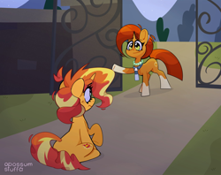 Size: 2048x1625 | Tagged: safe, artist:opossum-stuff, derpibooru import, stellar flare, sunset shimmer, pony, unicorn, g4, duo, female, horn, mare, mother and child, mother and daughter, parent and child, sunny siblings, the prodigal sunset