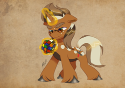 Size: 4961x3508 | Tagged: safe, artist:haruh_ink, derpibooru import, oc, oc only, oc:macchiato, unicorn, concentrating, cutie mark, glasses, horn, magic, rubik's cube, solo, unshorn fetlocks