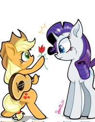 Size: 1594x2048 | Tagged: safe, artist:funnyk16, derpibooru import, applejack, rarity, earth pony, pony, unicorn, g4, blushing, duo, female, flower, guitar, horn, lesbian, musical instrument, rarijack, shipping, simple background, white background