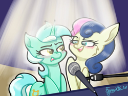 Size: 1024x768 | Tagged: safe, artist:funnyk16, derpibooru import, bon bon, lyra heartstrings, sweetie drops, earth pony, pony, unicorn, g4, duo, equestria girls ponified, female, heart, heart eyes, horn, lesbian, lyrabon, microphone, musical instrument, piano, ponified, scene interpretation, shipping, species swap, wingding eyes