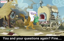 Size: 1920x1228 | Tagged: safe, derpibooru import, gilda, griffon, comic:celestia's servant interview, g4, the lost treasure of griffonstone, aweeg*, baking, bipedal, caption, cs captions, female, griffonstone, holding, interview, oven, oven mitts, scone, text