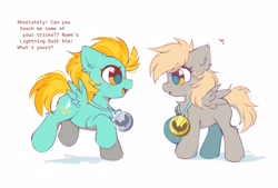 Size: 3400x2300 | Tagged: safe, artist:mirtash, derpibooru import, derpy hooves, lightning dust, pegasus, g4, alternate universe, blonde, blonde mane, blonde tail, blue coat, blushing, chest fluff, cute, daaaaaaaaaaaw, derpabetes, dialogue, duo, duo female, ear fluff, ears, emanata, eye clipping through hair, eyebrows, eyebrows visible through hair, eyelashes, female, filly, filly derpy, filly derpy hooves, filly lightning dust, foal, friendshipping, golden eyes, gray coat, high res, leg fluff, long mane, looking at each other, looking at someone, medal, open mouth, open smile, profile, raised hoof, raised leg, shadow, simple background, smiling, spread wings, standing, tail, talking, white background, wingding eyes, wings, yellow mane, yellow tail, younger