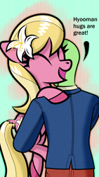 Size: 1080x1920 | Tagged: safe, artist:scandianon, derpibooru import, lily, lily valley, oc, oc:anon, earth pony, human, pony, g4, big head, dialogue, eyes closed, female, holding a pony, hug, male, mare, open mouth, open smile, smiling, talking