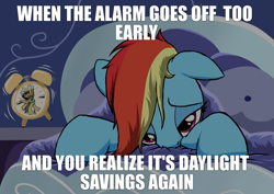 Size: 2311x1633 | Tagged: safe, artist:narbarnar, derpibooru import, edit, editor:modus_ponens, rainbow dash, alarm clock, bed, clock, daylight savings, meme, morning ponies, solo, tired