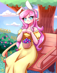Size: 2975x3850 | Tagged: safe, artist:mylittleyuri, derpibooru import, fluttershy, human, basket, bench, blush lines, blushing, bunny ears, bunnyshy, clothes, cute, dress, easter, easter basket, easter egg, elf ears, eye clipping through hair, eyebrows, eyebrows visible through hair, female, heart, heart eyes, high res, humanized, looking at you, nature, shyabetes, sitting, smiling, smiling at you, solo, sundress, wingding eyes