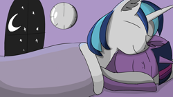 Size: 1920x1080 | Tagged: safe, artist:icycrymelon, derpibooru import, shining armor, twilight sparkle, pony, unicorn, g4, bed, blanket, brother and sister, clock, eyes closed, female, horn, love, male, moon, night, pillow, siblings, sleeping, sleeping together, smiling, stars, straight, window