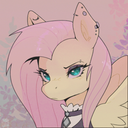 Size: 900x900 | Tagged: safe, artist:damsonfox, derpibooru import, fluttershy, pegasus, pony, g4, bust, ear piercing, earring, female, fluttergoth, jewelry, looking at you, mare, piercing, solo, spread wings, wings