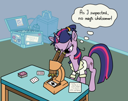 Size: 2340x1840 | Tagged: safe, artist:mafon, derpibooru import, twilight sparkle, unicorn twilight, pony, unicorn, alternate hairstyle, bags under eyes, female, implied trixie, looking at something, mare, messy mane, microscope, playing card, solo, thought bubble, trunk