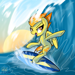 Size: 2000x2000 | Tagged: safe, artist:notadeliciouspotato, derpibooru import, spitfire, pegasus, pony, g4, big head, bipedal, female, mare, ocean, open mouth, open smile, partially open wings, signature, smiling, solo, surfboard, surfing, water, wave, wings