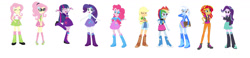 Size: 1920x445 | Tagged: safe, artist:leahrow, derpibooru import, applejack, fluttershy, pinkie pie, rainbow dash, rarity, sunset shimmer, trixie, twilight sparkle, human, equestria girls, g4, boots, boots swap, clothes swap, high heel boots, humane five, humane seven, humane six, personality swap, rarity's purple boots, shoes, simple background, white background