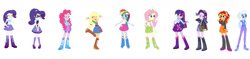 Size: 1280x303 | Tagged: safe, artist:anayahmed, derpibooru import, applejack, fluttershy, pinkie pie, rainbow dash, rarity, starlight glimmer, sunset shimmer, trixie, twilight sparkle, human, equestria girls, g4, boots, boots shot, clothes swap, female, high heel boots, humane five, humane seven, humane six, rarity's purple boots, shoes, simple background, white background