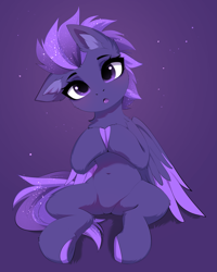 Size: 2587x3239 | Tagged: safe, artist:empress-twilight, derpibooru import, oc, oc only, oc:shadow galaxy, pegasus, pony, belly, belly button, blushing, chest fluff, commission, cute, ear fluff, ears, ethereal mane, female, head tilt, hooves, hooves together, looking at you, mare, one ear down, open mouth, pegasus oc, purple background, simple background, sitting, solo, starry mane, starry tail, tail, wings, ych result