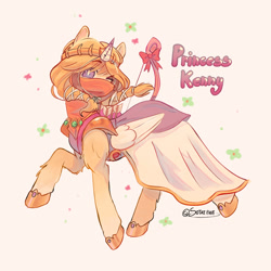 Size: 1000x1000 | Tagged: safe, artist:sotaiewe, derpibooru import, pegasus, pony, 2023, arrow, bow, bow (weapon), clothes, crossdressing, dress, fake horn, kenny mccormick, looking at you, male, one eye closed, ponified, princess kenny, signature, simple background, solo, south park, south park: the stick of truth, species swap, wink