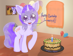 Size: 2160x1660 | Tagged: safe, artist:mellow91, artist:wojtek-ツ, derpibooru import, oc, oc only, oc:glass sight, oc:mellow rhythm, pegasus, pony, unicorn, balloon, beard, blushing, cake, candle, couple, cute, duo, eye clipping through hair, facial hair, female, framed picture, gift art, glasses, happy birthday, heart, high res, horn, living room, looking at you, love, male, mare, name tag, oc x oc, ocbetes, offscreen character, open mouth, pov, present, shipping, smiling, smiling at you, solo, stallion, sunlight, teeth, window, wingding eyes