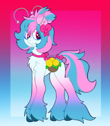 Size: 1707x1954 | Tagged: safe, artist:barfy, derpibooru import, pony, antenna, big lips, blue, chest fluff, cotton candy, flower, flower basket, fluffy, gradient background, gradient hooves, hooves, pink, pony town, reference, solo