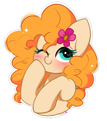 Size: 2635x2971 | Tagged: safe, artist:kittyrosie, derpibooru import, pear butter, earth pony, pony, g4, blushing, cute, female, flower, flower in hair, mare, one eye closed, pearabetes, simple background, solo, transparent background, wink