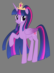 Size: 1028x1372 | Tagged: safe, artist:villyapologist, derpibooru import, twilight sparkle, twilight sparkle (alicorn), alicorn, pony, g4, alternate design, big eyes, colored wings, concave belly, crown, ethereal mane, eyelashes, female, gradient wings, gray background, horn, jewelry, lanky, long bangs, long horn, long legs, long mane, looking back, mare, multicolored mane, multicolored tail, older, older twilight, ponytail, purple eyes, raised hoof, raised leg, redesign, regalia, simple background, skinny, smiling, solo, starry mane, starry tail, tail, tall, thin, tiara, two toned wings, vector, wings