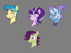 Size: 1035x771 | Tagged: safe, artist:villyapologist, derpibooru import, discord, starlight glimmer, thorax, trixie, pony, unicorn, g4, alternate design, alternate universe, beard, blue coat, blue mane, bowtie, bust, clothes, colored eyebrows, ear piercing, earring, eyebrows, eyebrows visible through hair, facial hair, female, freckles, frown, gray background, green coat, group, hat, horn, jewelry, lidded eyes, long description, looking at you, male, mare, narrowed eyes, piercing, pink coat, ponified, pony discord, ponytail, purple eyes, purple mane, red eyes, short mane, simple background, smiling, species swap, stallion, trixie's hat, two toned mane, yellow coat